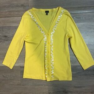 Rafaella Yellow Cardigan Floral Embellished‎ Button Down V Neck Top S